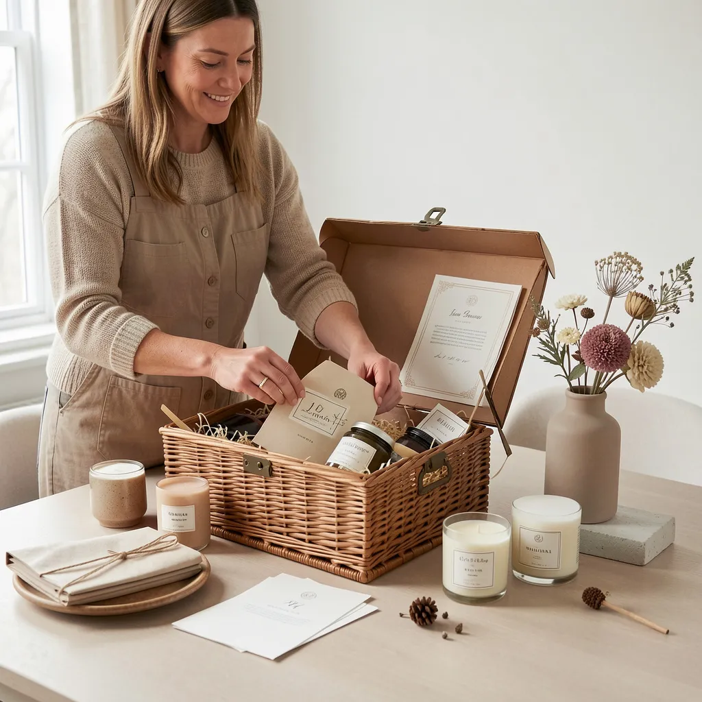Curated hamper display with linen and wood