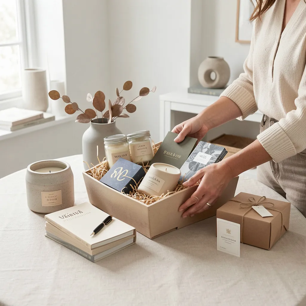 Gift hamper with ribbon and natural textures